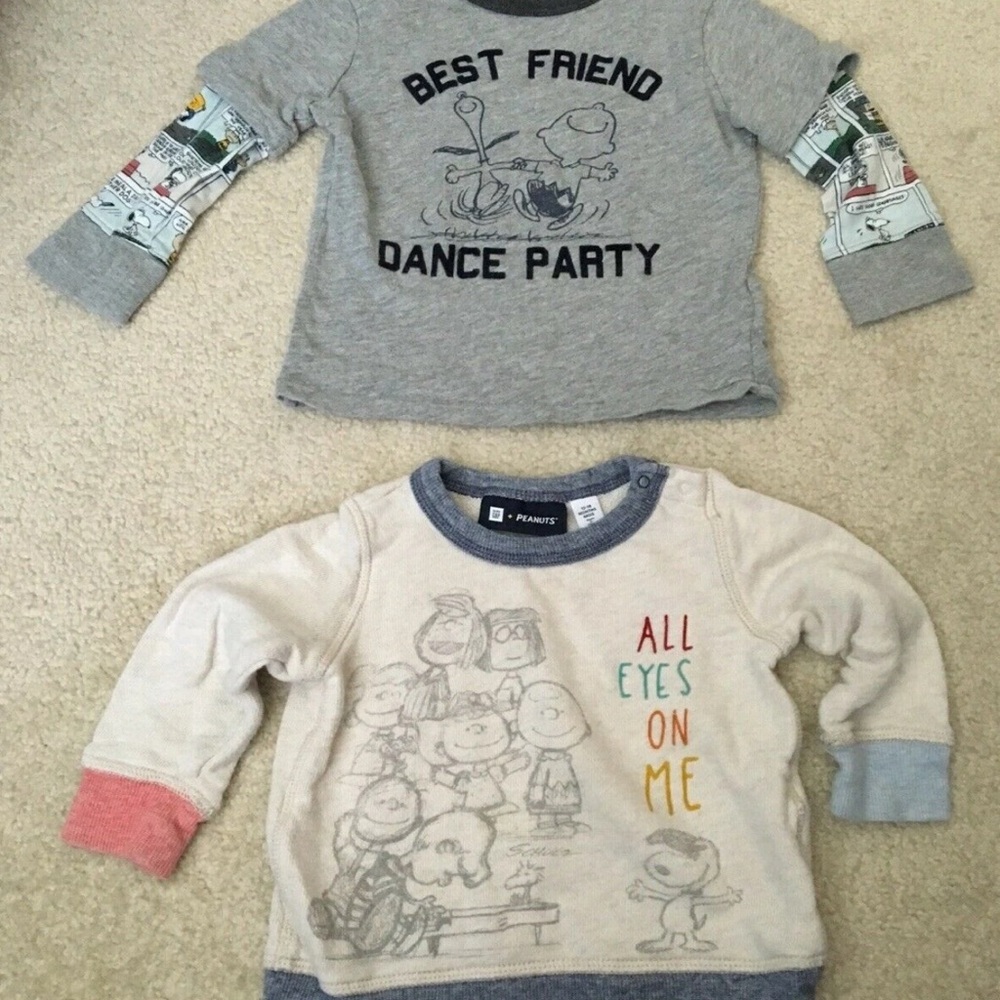 Peanuts Snoopy Lot 2 Long Sleeve Sweater T-Shirt White Gray 12-24 Months GAP